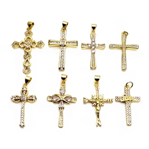 Pendentif Croix En Cuivre Micro Pavé Zircon Boussole Jésus Amour Religieux Plaqué Or 14K Pour Collier DIY