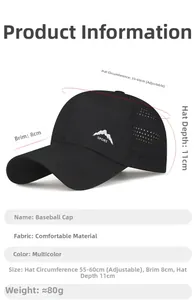 Detail info-graphic of lightweight sport baseball cap with size specs and peak logo