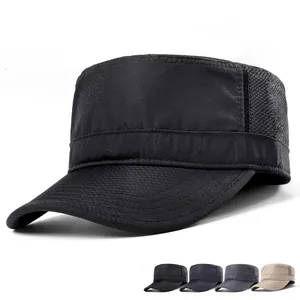 Men's mesh flat top cap in black with breathable honeycomb texture for outdoor sun protection