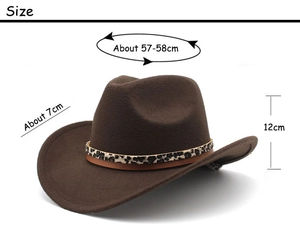 Détails du chapeau de cowboy marron montrant les mesures et le bandeau imprimé léopard