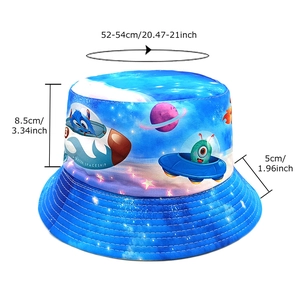 Blue kids bucket hat featuring cartoon outer space spaceship print and 52-54cm size info