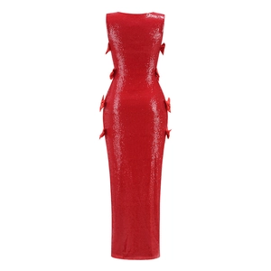 Red sequin sleeveless dress featuring waist slit and decorative side bows for parties