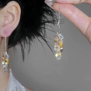 Elegant long tassel earrings with iridescent crystal beads and silver chain