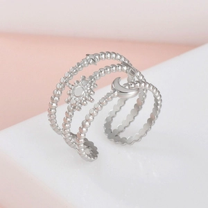 Adjustable silver stainless steel multi-layer ring featuring sun and moon star charms