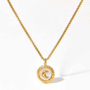 Golden stainless steel jewelry set with white shell moon pendant and matching crescent earrings