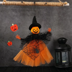 Halloween hanging pumpkin witch ghost decoration with black mesh and orange tulle skirt