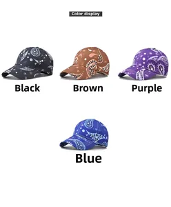 Detailed view of paisley cotton baseball caps in black, brown, purple and blue