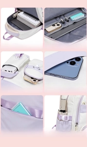 Multi-functional purple backpack with six storage compartments and anti-theft back pocket