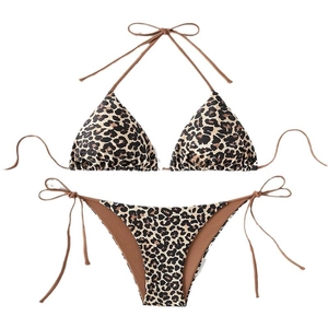 Two-piece leopard print bikini set with halter triangle top and side-tie bottoms