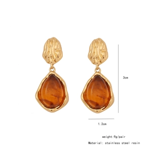 Vintage amber resin earrings with stainless steel gold base, 3cm drop length