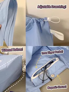 Light blue drawstring canvas tote bag with wide base and secure magnetic closure