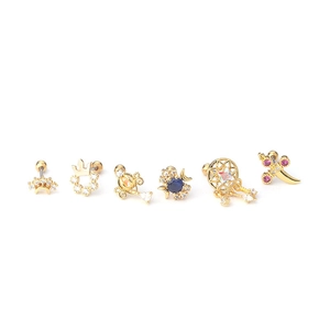 Set of 6 gold stainless steel cartilage earrings with celestial star and moon motifs
