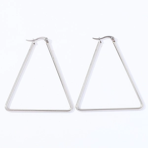 Macro detail of large geometric triangle earrings in silver stainless steel finish