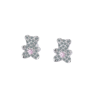 Sparkling teddy bear stud earrings with pink heart zircon in polished silver finish