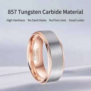 Minimalist tungsten ring with rose gold interior and silver brushed steel surface