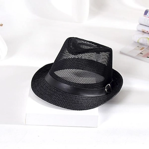 Men's summer breathable mesh fedora hat in black with leather-like buckle strap
