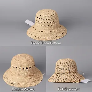 Trois chapeaux de paille en raphia au style pastoral avec motifs au crochet ajouré