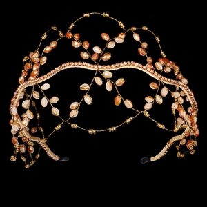 Handmade beaded crystal bridal headband vintage gold wire hair hoop wedding party headwear