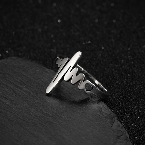 Minimalist silver stainless steel EKG heartbeat ring with small red heart on dark stone