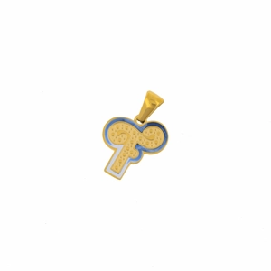 Close-up of golden letter F pendant with blue enamel inlay and polished metal finish