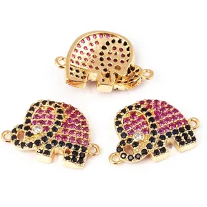 Gold-plated elephant jewelry connector with sparkling pink and black crystals