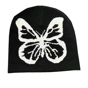 Streetwear black knit beanie with white butterfly pattern for winter skiing sports