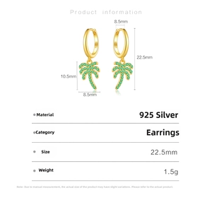 Detail showing dimensions of 925 silver palm tree hoop earrings with green cubic zirconia