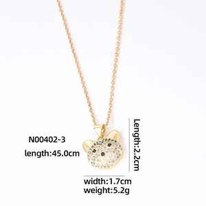 Copper necklace with leopard head pendant paved in sparkling diamonds and green eyes