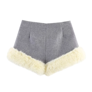 Grey wool shorts with off-white faux fur trim for women stylish winter fashion look