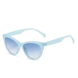 Retro cat-eye sunglasses with translucent light blue frames and blue gradient lenses