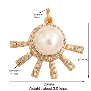 Golden sun pendant with large pearl and sparkling zircon pavé detail, 26mm width