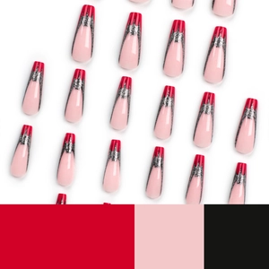 French long dark bat press-on nails with red glitter accents on a clean white background