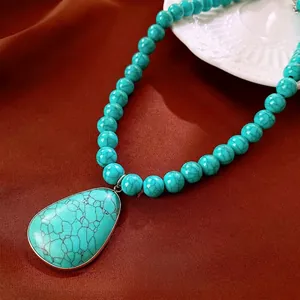 Vintage Turquoise Teardrop Pendant Necklace Beaded Clavicle Chain Alloy Ethnic Boho Handmade Jewelry For Women