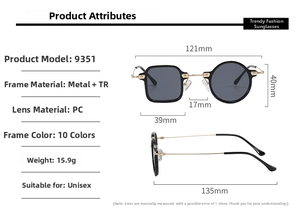 Detailed size specifications for model 9351 vintage brown sunglasses for men and women