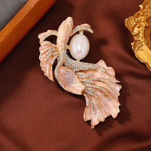Vintage French style goldfish brooch with pink enamel, rhinestones and opal on silk