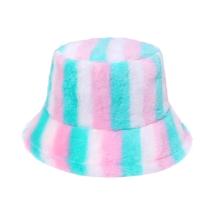 Colorful striped plush bucket hat in pink and mint green for winter fashion