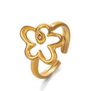 Minimalist gold-plated floral hollow ring with vintage adjustable open band for women