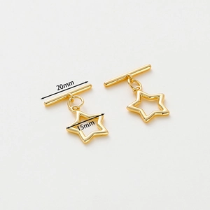 Detailed view of 14k gold-plated star OT toggle clasp with 20mm and 15mm measurements