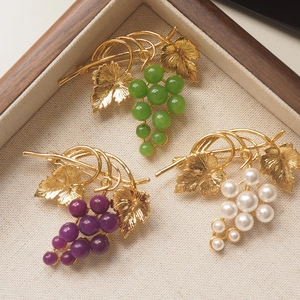 Grape Fruit Brooch Alloy Gold Plated With Faux Artificial Pearl Colorful Beads Vintage Retro Elegant Jewelry For Women