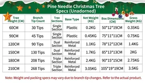 Detailed size chart for pine needle Christmas trees ranging from 60cm to 210cm in height