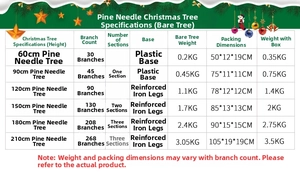 Detailed size chart for pine needle Christmas trees ranging from 60cm to 210cm in height