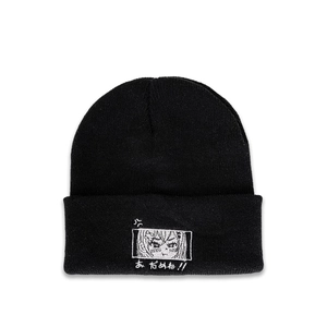 Bonnet À Revers Brodé Fille Anime Noir Tricot Acrylique Chaud Streetwear Style Harajuku Bonnet Pour Hommes Femmes