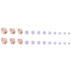 Detail of lavender and floral toe nail tips in various sizes on a white background