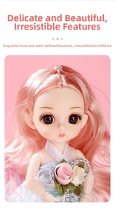 Detailed view of fashion doll with pink long hair, blue lace dress and flower headwear