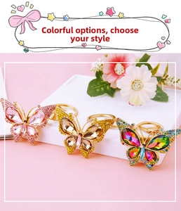 Macro detail of butterfly keychains with colorful crystals and sparkling rhinestones