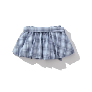 Detailed close-up of blue and white checkered seersucker mini skirt with elastic waistband