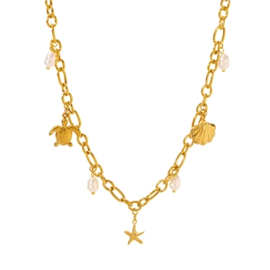 Gold stainless steel necklace with pearl, turtle, and starfish ocean pendants on white background
