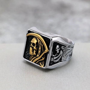 Vintage punk stainless steel skull ring with golden reaper embossments on silver base