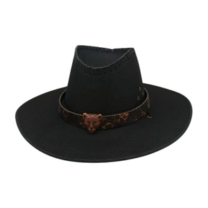 Western black wide brim cowboy hat with leopard print band and bronze leopard head buckle
