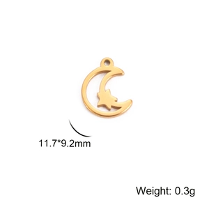 Detail of 304 stainless steel moon and star pendant with 11.7x9.2mm size and 0.3g weight